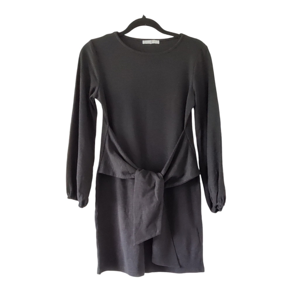 R Vivimos Gray Grey Waffle Weave Long Balloon Sleeve Tie Front Dress Small 4 / 6